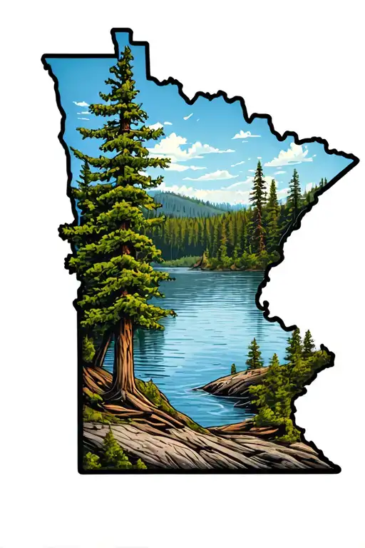 state of Minnesota outline with wilderness lake scene tattoo design idea