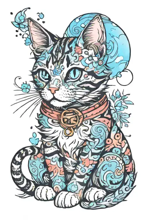CUTE CAT LINE PRINT WITH WATERCOLOUR tattoo design idea