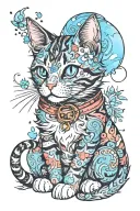 CUTE CAT LINE PRINT WITH WATERCOLOUR tattoo design idea