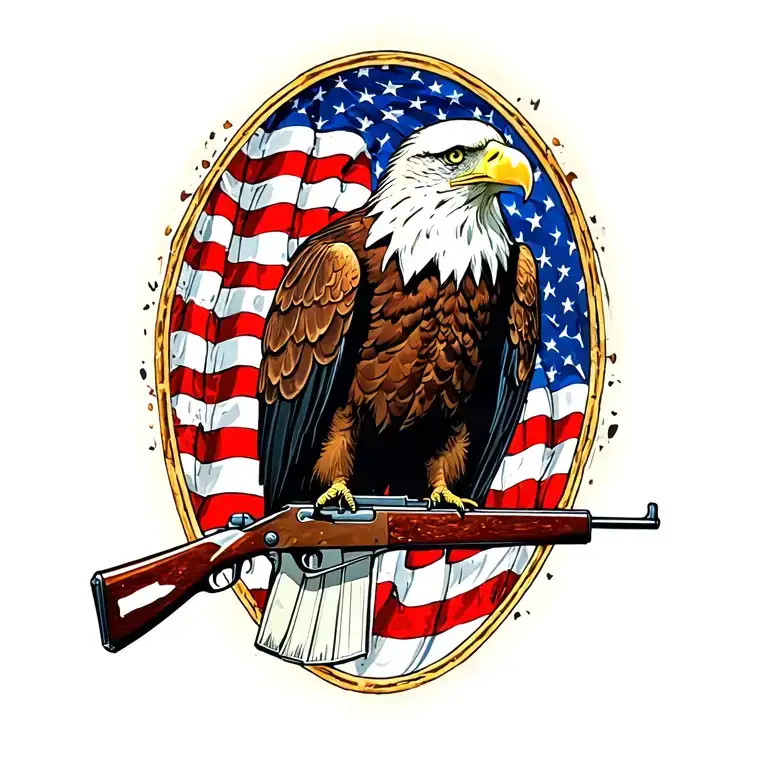 A patriotic bald eagle perched on a rifle with an American flag in the background tattoo design idea