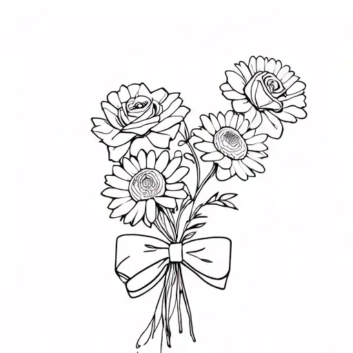 minimalistic no shading.and small bouquet of four flowers with a bow. two roses, one aster, and one Chry tattoo design idea