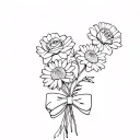 minimalistic no shading.and small bouquet of four flowers with a bow. two roses, one aster, and one Chry tattoo design idea
