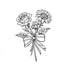 minimalistic no shading.and small bouquet of four flowers with a bow. two roses, one aster, and one Chry tattoo design idea