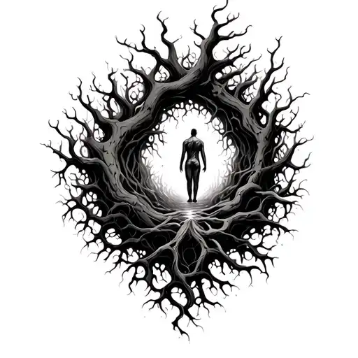 A figure descending into a dark abyss, surrounded by intertwining roots and abstract lines, made in cold black tones tattoo design idea