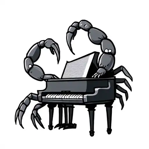 a cartoon friendly looking scorpion playing the piano whilst smiling  tattoo design idea