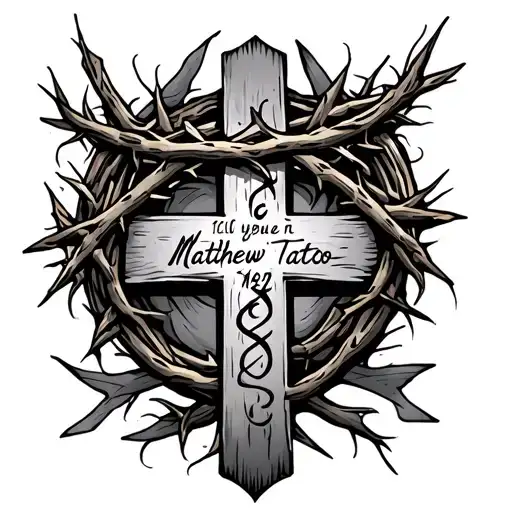 a cross forearm sleeve with the crown of thorns at the top. With the verse matthew 16:24 tattoo design idea