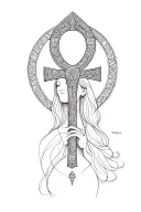 Merge the woman's silhouette into the vertical body of the ankh cross, with the head forming the circle. tattoo design idea