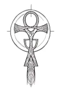 Merge the woman's silhouette into the vertical body of the ankh cross, with the head forming the circle. tattoo design idea