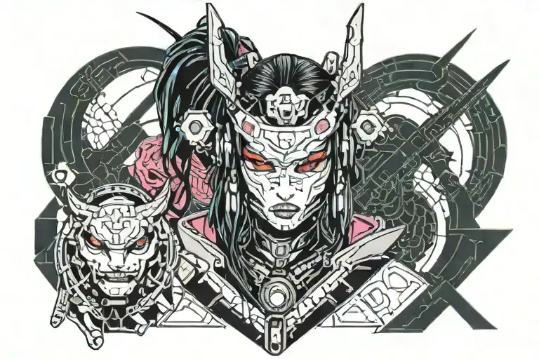 cyberpunk samurai girl with oni mask tattoo design idea