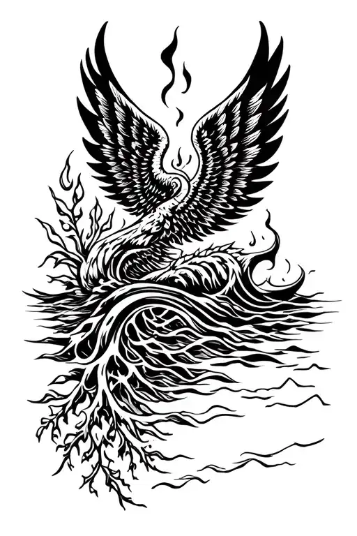 WINGS ROOTS FLAMES AND SEA WAVES tattoo design idea