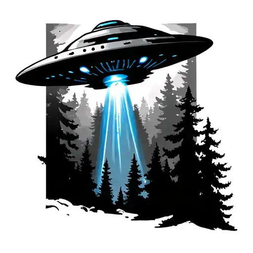 ufo with blue beam in the woods tattoo design idea
