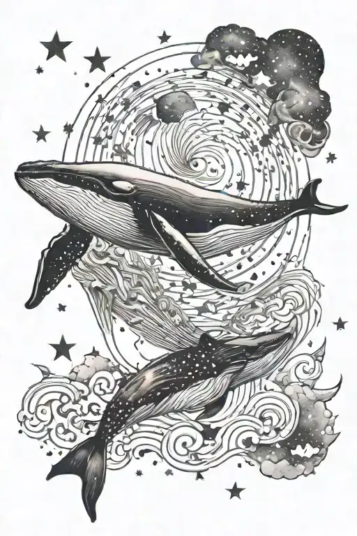 A lone whale diving vertically downward, surrounded by stars and subtle, wispy cosmic clouds, with its body slightly sha tattoo design idea