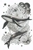 A lone whale diving vertically downward, surrounded by stars and subtle, wispy cosmic clouds, with its body slightly sha tattoo design idea