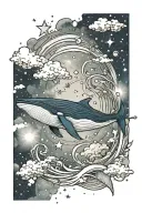 A lone whale diving vertically downward, surrounded by stars and subtle, wispy cosmic clouds, with its body slightly sha tattoo design idea