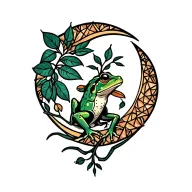 Kambo frog, ayahuasca branch with leaves, waning crescent moon tattoo design idea