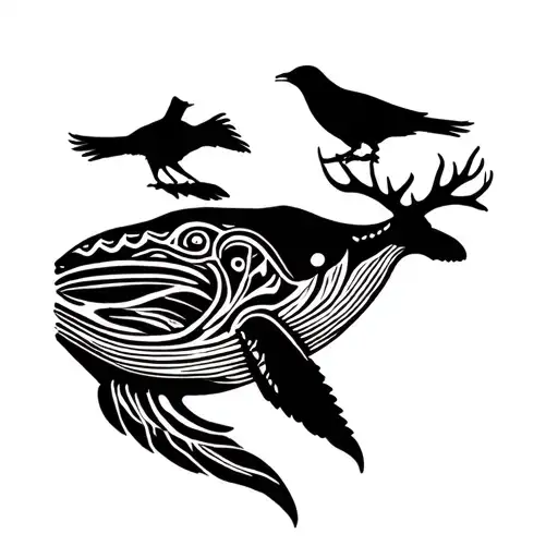 humpback whale, crows, caribou, cod tattoo design idea