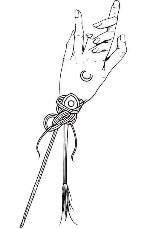 female witchy tattoo on hand to thumb, with a witch knot, broom stick and goddess triple moon symbol  tattoo design idea