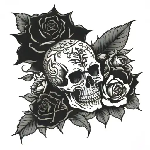 skull and crossbones surrounded by roses tattoo design idea