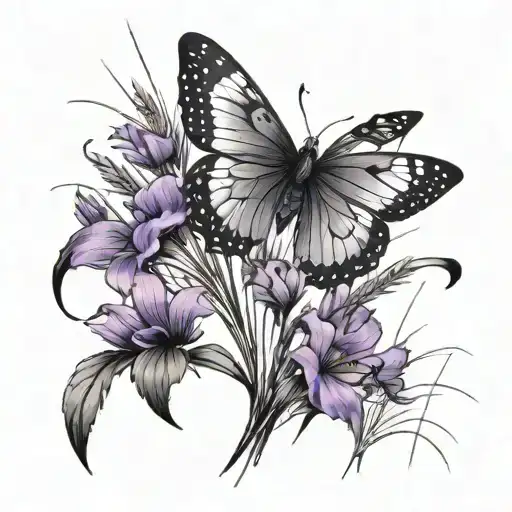 a small but tall clump of tall grass with purple flowers on it and butterfly's flying around tattoo design idea