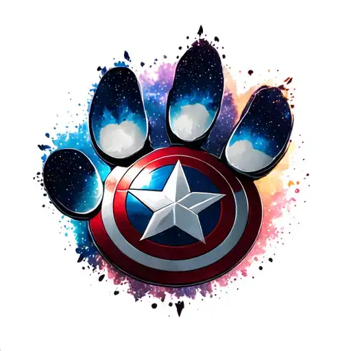 captain America shield with a paw print replacing the star in the shield. add a galaxy in the background behind shield tattoo design idea