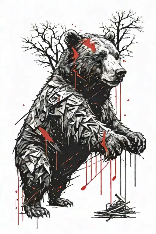 tired warrior in the form of a bear against the background of a withered tree tattoo design idea