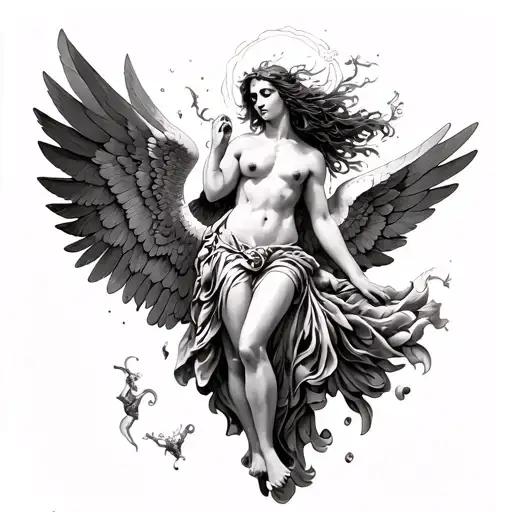 feminine, detailed depiction of the fall of icarus tattoo design idea