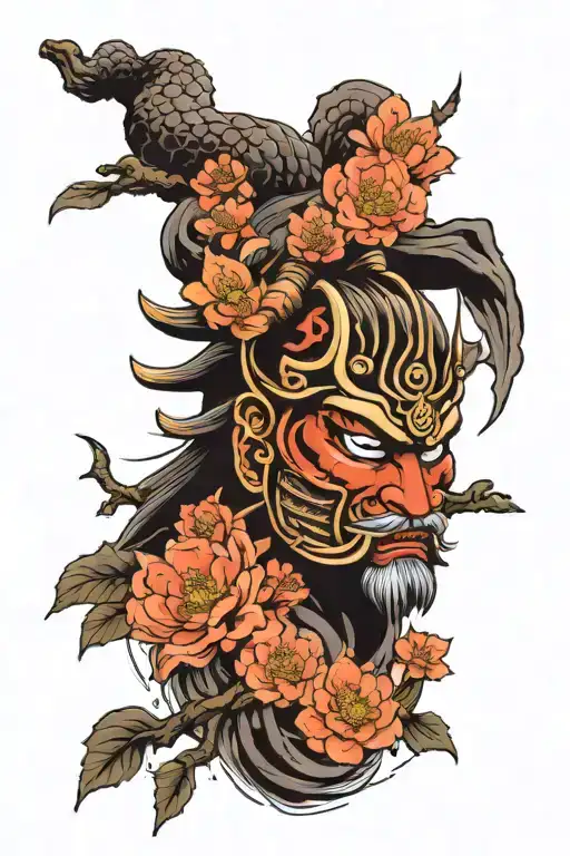 Japanese Temple with Samurai head with helmet with a Sakura Tree and Koi Fish tattoo design idea