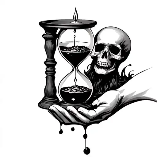 a hourglass, the sand becomes skulls when falling. a eskeletical hand holding it from the bottom and a gothic candle  tattoo design idea