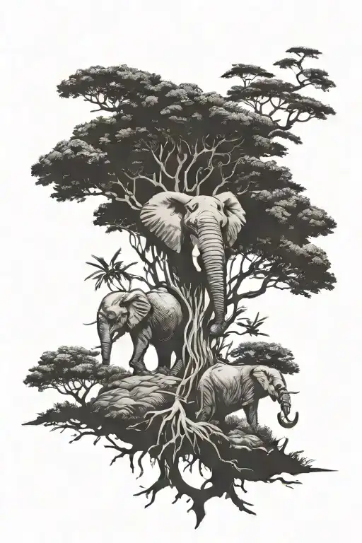 Half an elephant head and half a savannah tree tattoo design idea