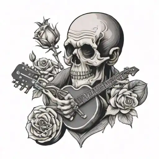 grand father date of death 31 March 2022, guitar, roses, music tattoo design idea