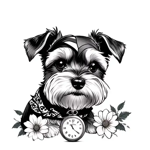 Tattoo sleeve of Miniature Schnauzer named Mollie. Tattoo to have flowers, pocket watch with time of 10:04, bandana, toy tattoo design idea