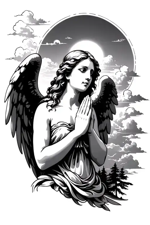 sexy angel tattoo with praying hands and background of the sky, sun, clouds and trees to suit arm chest and shoulder are tattoo design idea