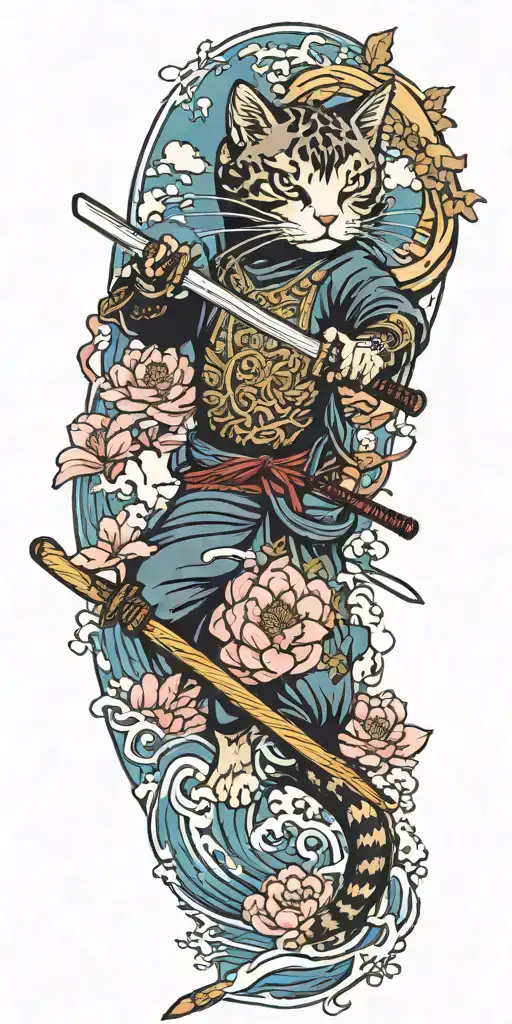 ninja cat surfing on a katana sword, tail, water, waves, lotus, sakura, clouds, whirlpool, leaves, peony tattoo design idea
