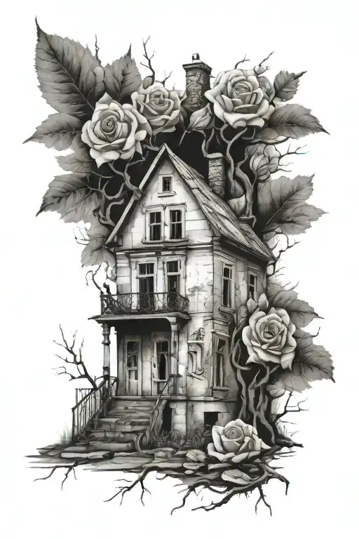 Abandoned Stalin-era house, roses, tree roots, улетающая птица tattoo design idea