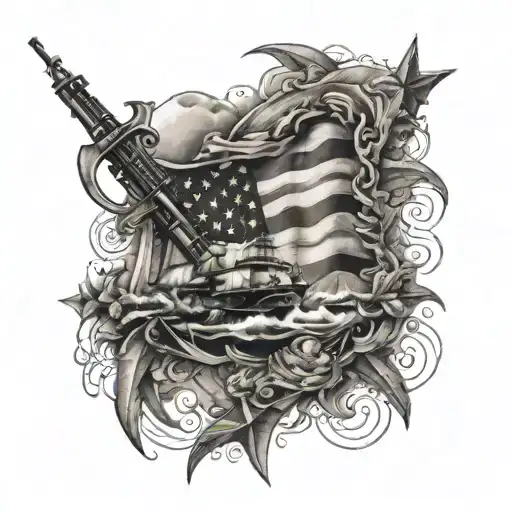 full sleeve tattoo; American flag stars on shoulder, fading into a marine battle scene in the mid arm,  tattoo design idea