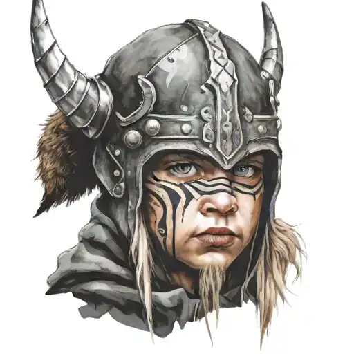 half face child viking warrior with fleece hood in trash polka tattoo design idea
