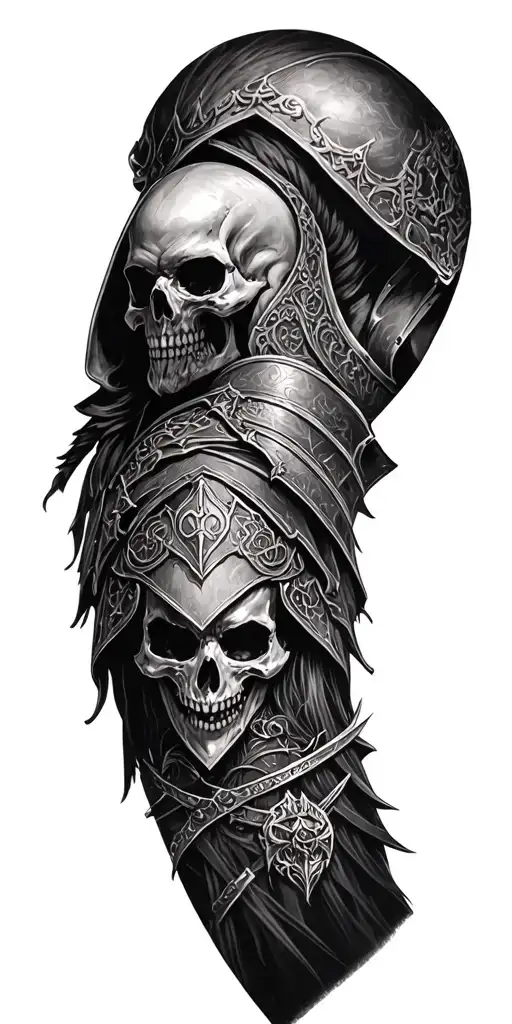 Dark Souls Style, sleeve with Frein, gloomy aesthetics, Gothic elements, armor, skulls tattoo design idea