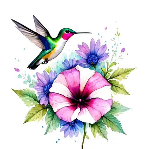 aster morning glory flower intertwined with hummingbird  tattoo design idea