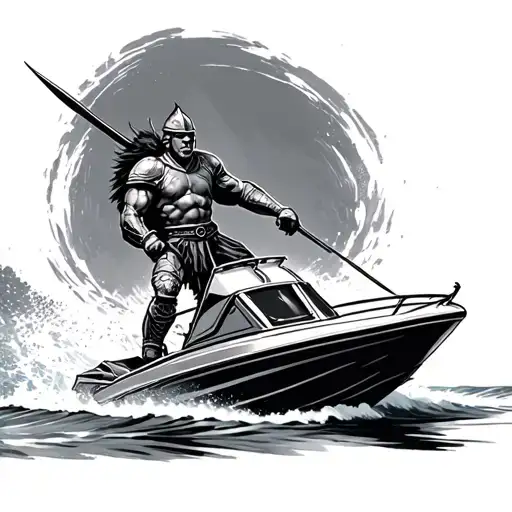 a trojan warrior driving a speedboat tattoo design idea