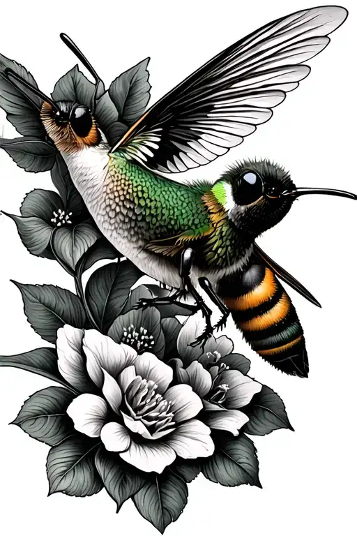 bee and hummingbird flying tattoo design idea