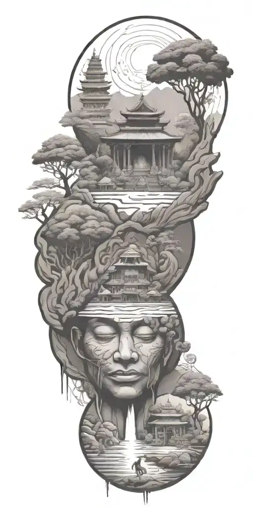 budism symbols that are uncommon. focus on nature, scenery and being grounded while on a spiritual journey tattoo design idea