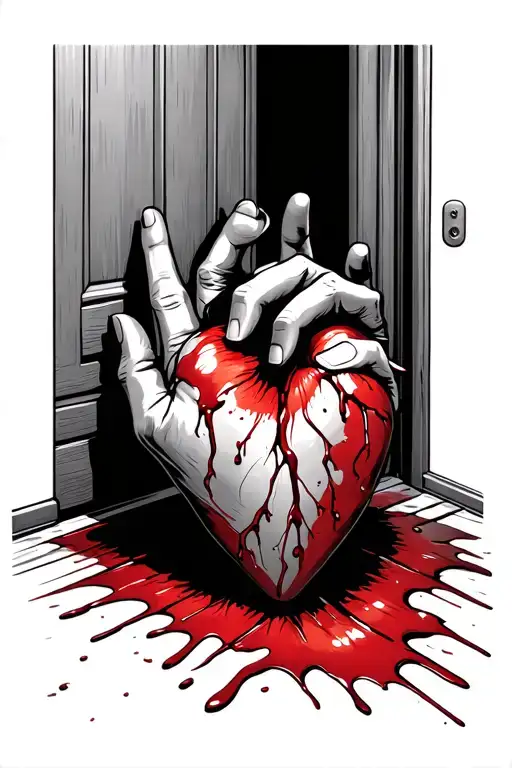 hand on door bloody heart on floor tattoo design idea