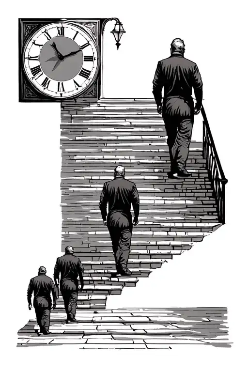 stairway leading to a clock with 3 different versions of a man walking up the stairs at different ages  tattoo design idea