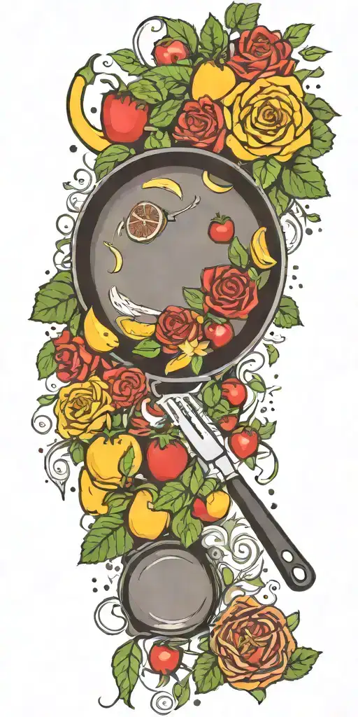 cooking utensils frying pan fruits vegetables steak roses stars tattoo design idea
