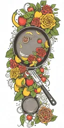 cooking utensils frying pan fruits vegetables steak roses stars tattoo design idea