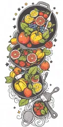 cooking utensils frying pan fruits vegetables steak roses stars tattoo design idea