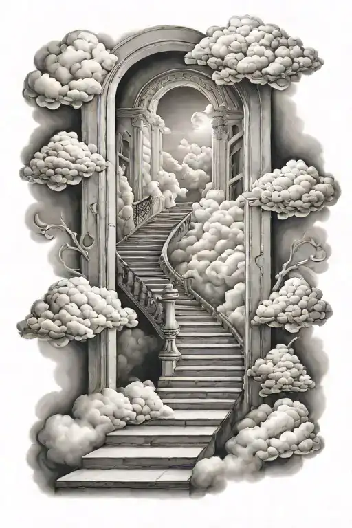heavens doors open and stairs with clouds surrounding tattoo design idea