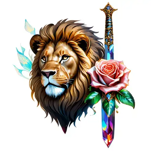 geology, gems, lion, rose, dagger tattoo design idea