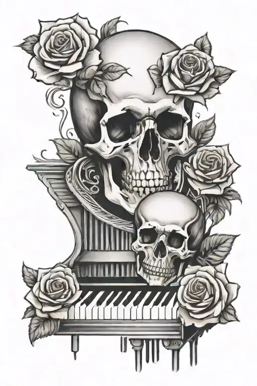 piano keys with a pink rose and skull tattoo design idea