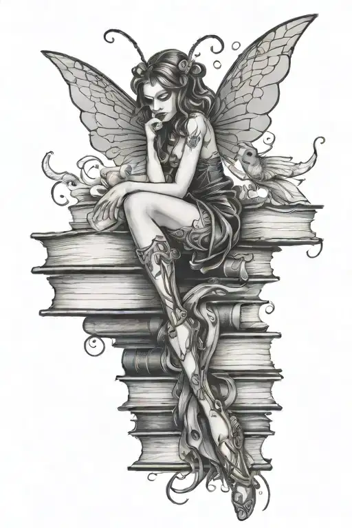 Gothic fairy on a stack of books surrounded by magic tattoo design idea